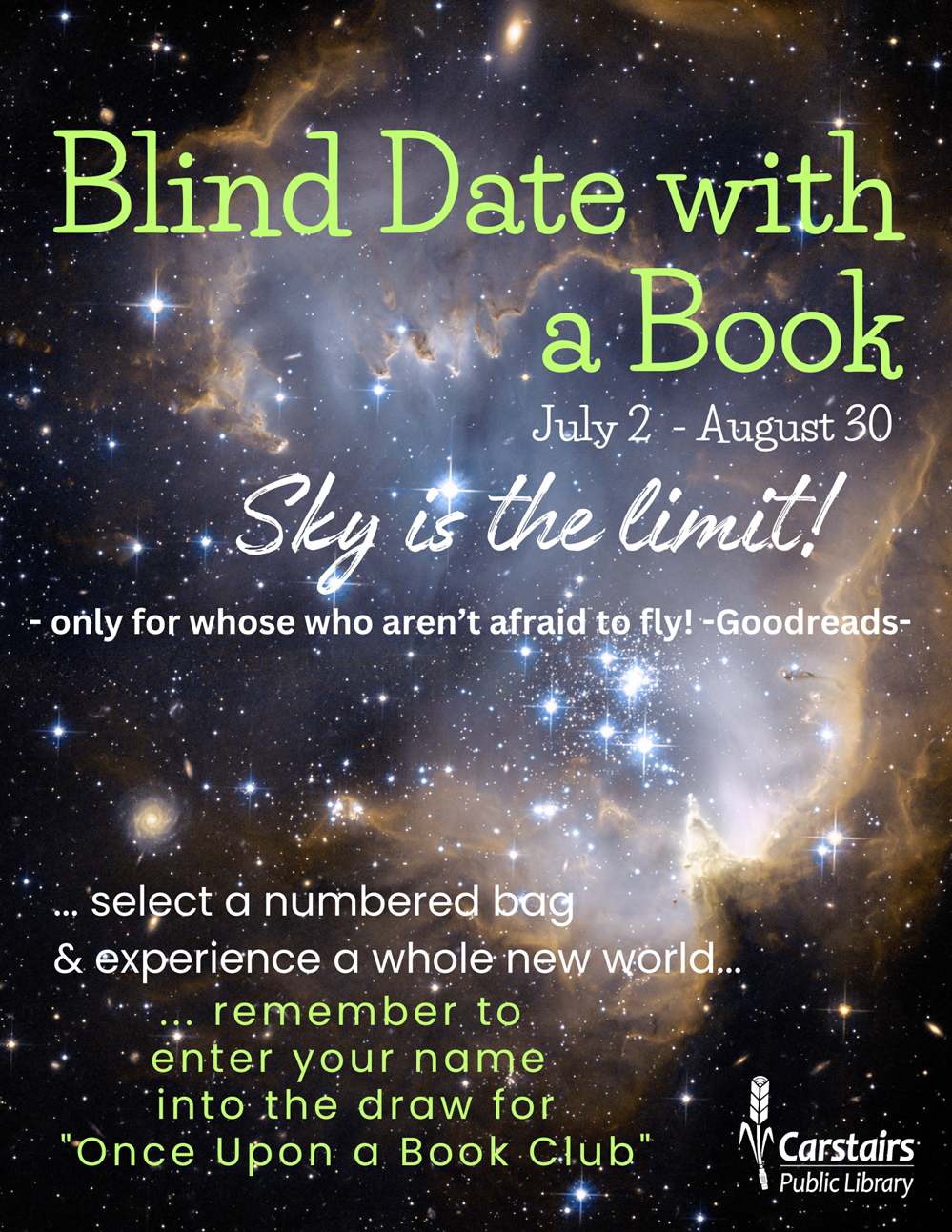 a sea of tiny white stars dot the void of space. golden nebula clouds rest a top the beauty of space. the details of this years blind date with a book are written in white and light green text.