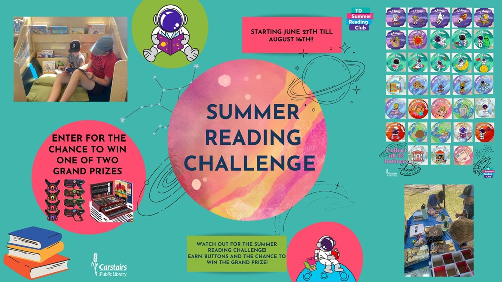 psychedelic planets on a teal background. each showing a different detailing one aspect of the summer reading challenge. for example the prizes and the buttons each have a planet.